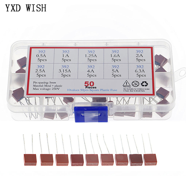 Zestaw 50 sztuk 392 bezpieczników kwadratowych o różnych prądach:  0.5A, 1A, 1.25A, 1.6A, 2A, 2.5A, 3.15A, 4A, 5A, 6.3A - Wianko - 2