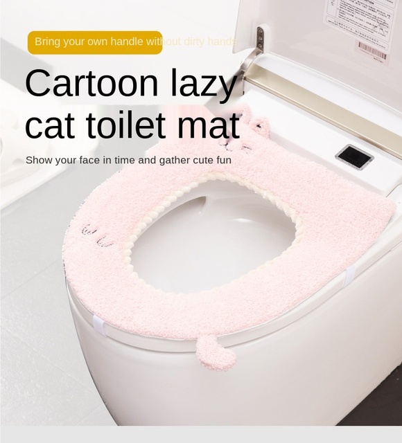 Gruby pluszowy pokrowiec na deskę sedesową kot kreskówkowy, miękka poduszka toaletowa, zmywalne naklejki, ciepła ochrona na jesień i zimę - Wianko - 1