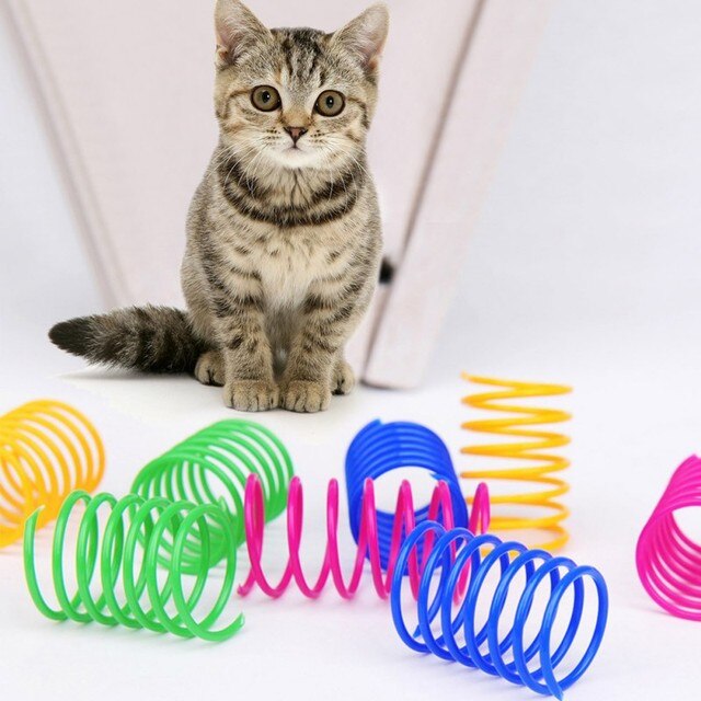Zabawki dla kotów: Kolorowe, trwałe kotki - 4 sztuki, wiosenne zabawki z cewkami sprężynowymi, interaktywne akcesoria dla zwierząt - Wianko - 3