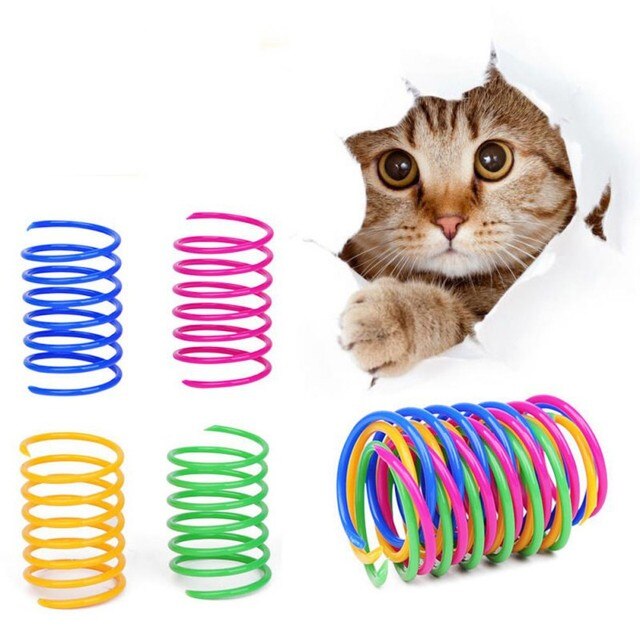 Zabawki dla kotów: Kolorowe, trwałe kotki - 4 sztuki, wiosenne zabawki z cewkami sprężynowymi, interaktywne akcesoria dla zwierząt - Wianko - 2