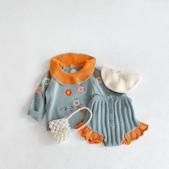 Garnitur jesienno-zimowy dla niemowląt - haftowany kołnierzyk, kwiat lotosu, top + koronkowe spodnie, 2 sztuki - Wianko - 5