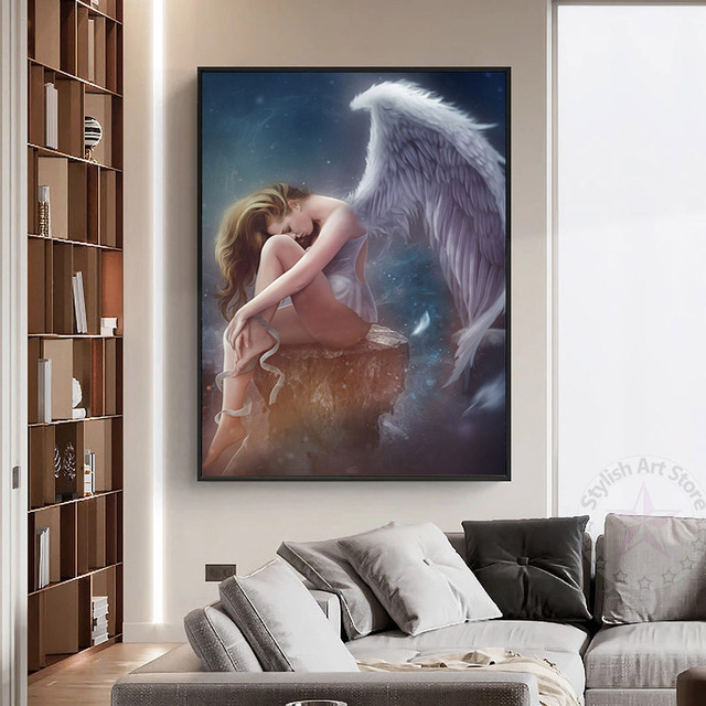Plakat dekoracyjny z rysunkiem sexy nagiej aniołki na czarno-białym płótnie - idealny do salonu - Wianko - 4