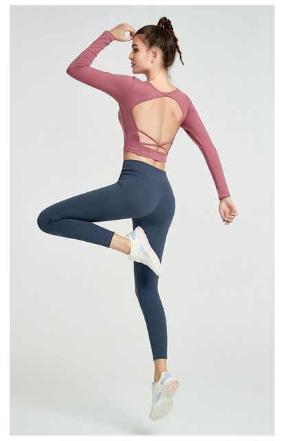 Damskie krótkie topy sportowe na jogę i fitness - seksowne, obcisłe, bez pleców, z długim rękawem, wbudowanymi miseczkami - plus rozmiar - Wianko - 38