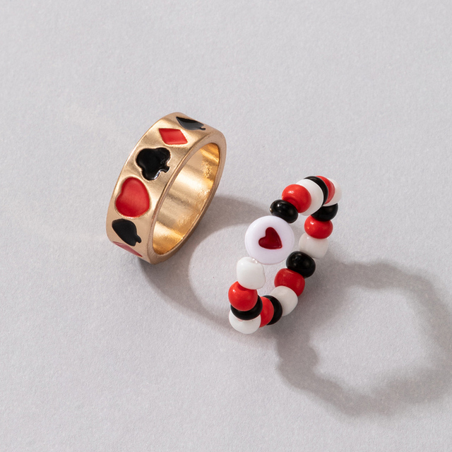 Nowoczesne kolorowe pierścionki serduszka, zestaw 2 sztuk, zroszone, ze stopu metalu, biżuteria ślubna - Wianko - 3