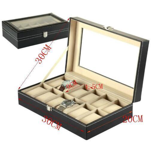 Pudełko na zegarki i okulary - czarne, PU skórzane, 12 slotów, organizer biżuteryjny - 30x20x8cm - Wianko - 3