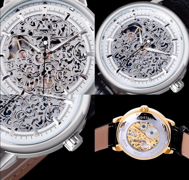 Męski zegarek mechaniczny marki luksusowej z pięknym skórzanym paskiem i srebrnym szkieletowym futerałem - Wianko - 5