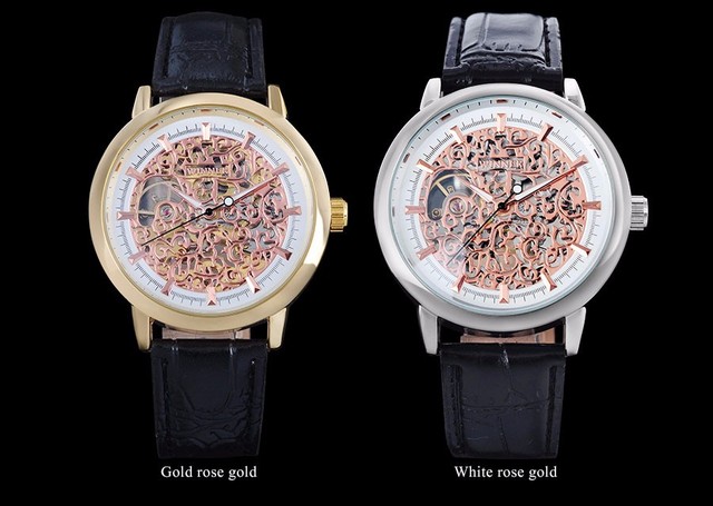 Męski zegarek mechaniczny marki luksusowej z pięknym skórzanym paskiem i srebrnym szkieletowym futerałem - Wianko - 3