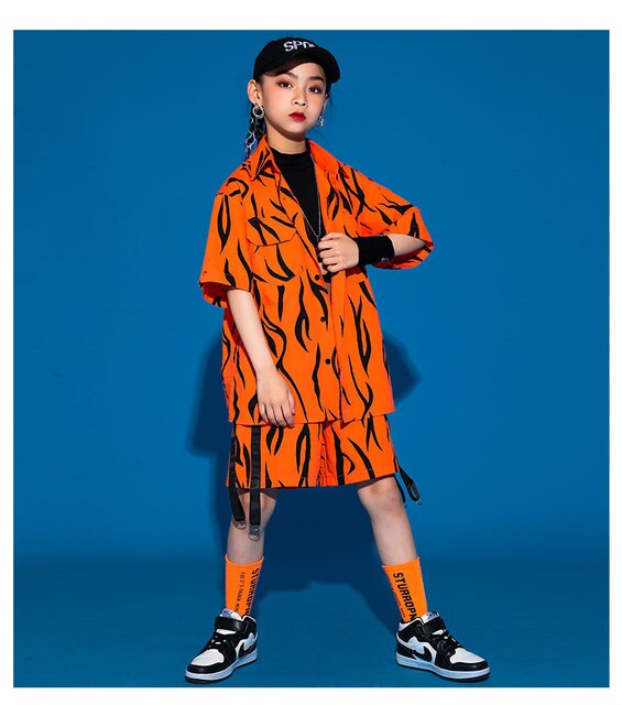 Zestaw odzieży hip hopowej pomarańczowej: koszula, spodenki dla dziewczynek i chłopców do tanecznej sceny jazzowej i raves - Wianko - 6