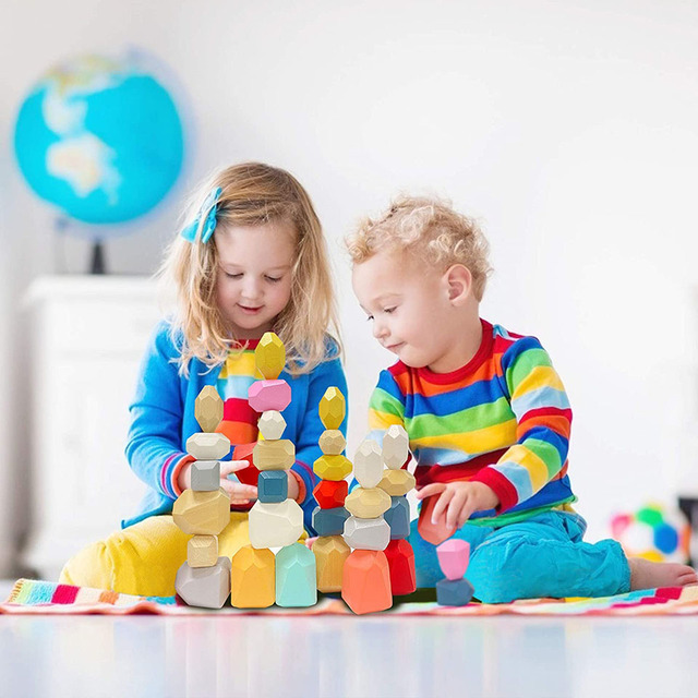 Klocki - Drewniane kolorowe kamienie do układania, lekkie i naturalnie wyważone, zabawka edukacyjna - Wianko - 3