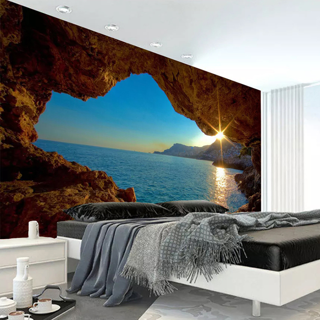 Fototapeta 3D jaskinia wschód słońca nadmorski krajobraz natura malowidła ścienne Sofa salon sypialnia - Wianko - 4