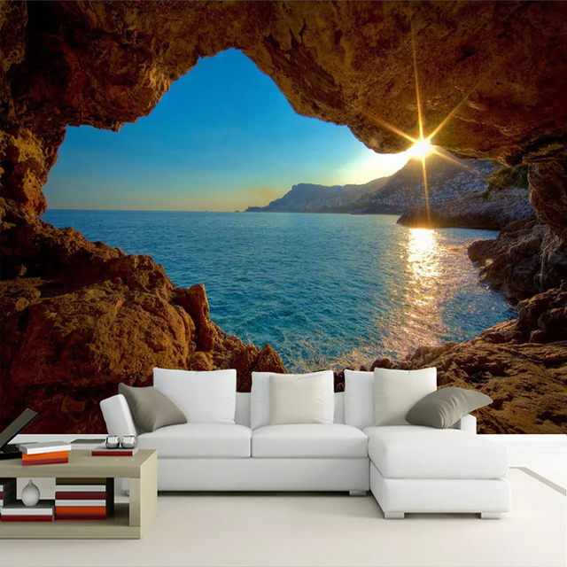 Fototapeta 3D jaskinia wschód słońca nadmorski krajobraz natura malowidła ścienne Sofa salon sypialnia - Wianko - 5