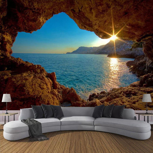 Fototapeta 3D jaskinia wschód słońca nadmorski krajobraz natura malowidła ścienne Sofa salon sypialnia - Wianko - 6