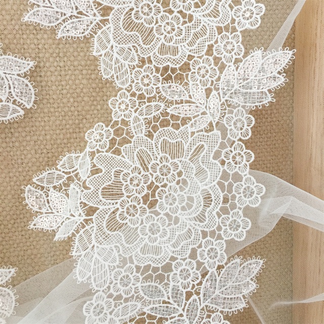 Koronka wykwintna wenecja haft cekinowa, wykończenie ślubne sukni, aplikacja kwiatowa, 14cm szerokości - Wianko - 2