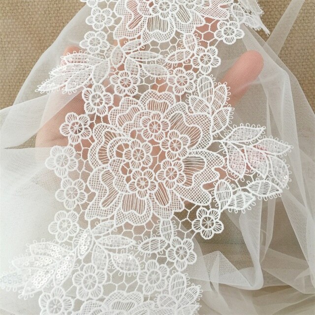 Koronka wykwintna wenecja haft cekinowa, wykończenie ślubne sukni, aplikacja kwiatowa, 14cm szerokości - Wianko - 9