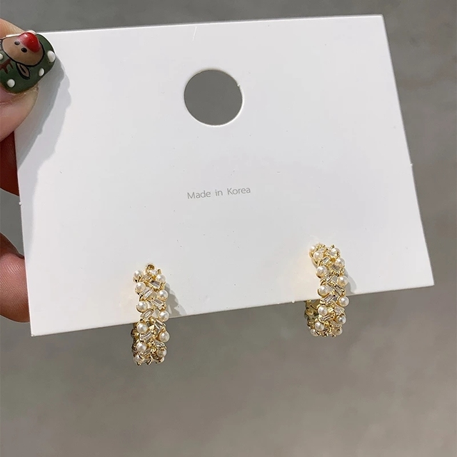 Eleganckie ręcznie robione kolczyki kółka z perłami i cyrkoniami dla kobiet - Wianko - 5