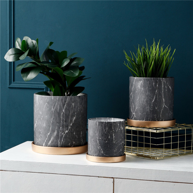 Nowoczesna doniczka ceramiczna z czarnym marmurowym wzorem, minimalistyczna i nordycka, idealna do sukulentów i roślin biurowych. Z tacą. Dekoracja wnętrz - Wianko - 4