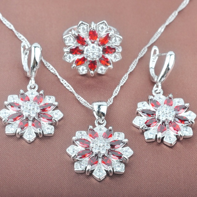 Nowoczesny zestaw biżuterii ślubnej z czerwonym cyrkonem - naszyjnik, bransoletka, kolczyki, pierścień - Wianko - 2