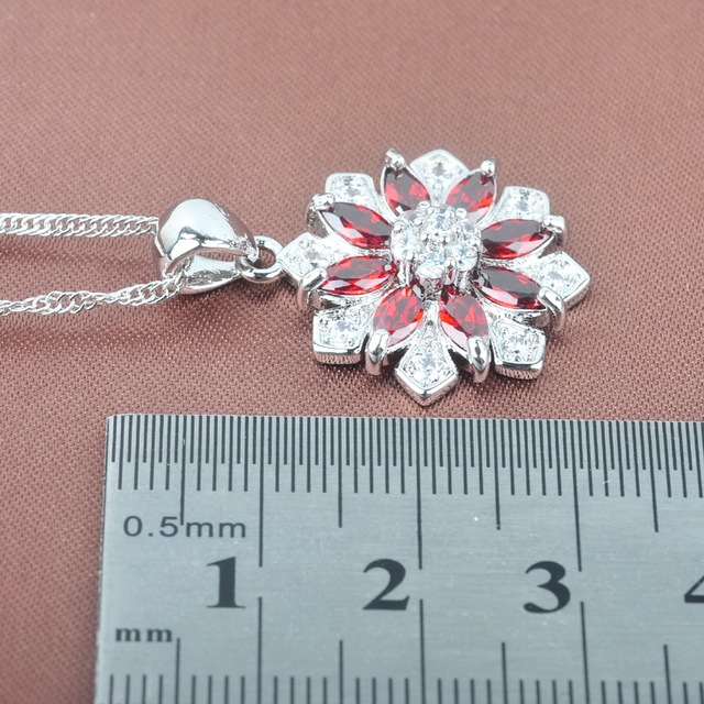 Nowoczesny zestaw biżuterii ślubnej z czerwonym cyrkonem - naszyjnik, bransoletka, kolczyki, pierścień - Wianko - 4