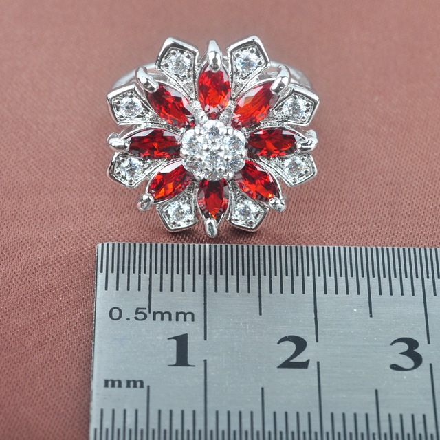 Nowoczesny zestaw biżuterii ślubnej z czerwonym cyrkonem - naszyjnik, bransoletka, kolczyki, pierścień - Wianko - 5