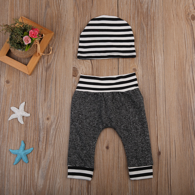 Spodnie Newborn maluch niemowlę chłopcy dziewczyny 0-6M nadruk w paski kapelusz 2 sztuki - Wianko - 1