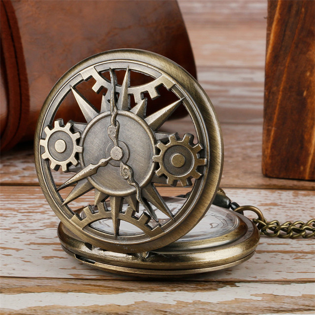 Wisiorek w kształcie zegarka kieszonkowego Vintage Retro Bronze z ruchomym mechanizmem, łańcuszkami i zegarkami kieszonkowymi - Wianko - 4