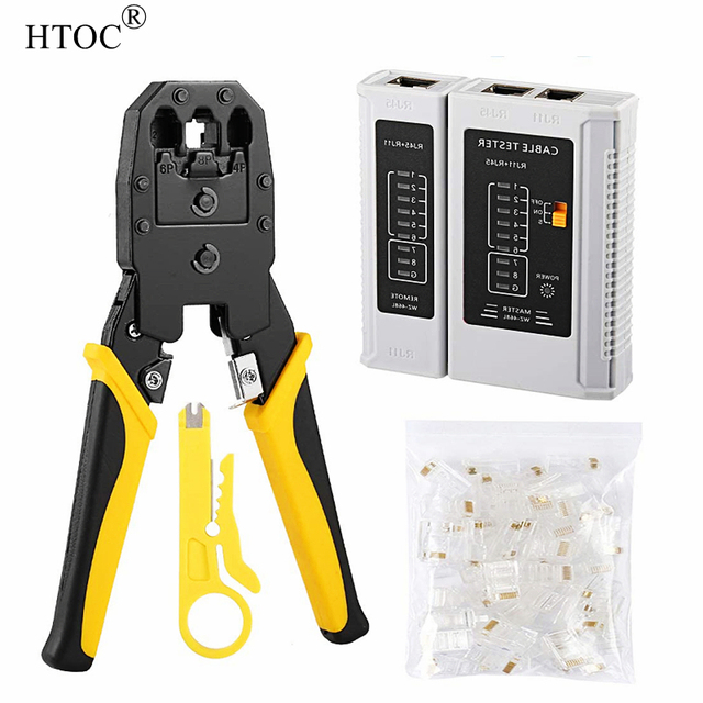 Tester kabli HTOC - zaciskarka RJ45 CAT5 CAT6 z zestawem narzędzi do zaciskania oraz 100 sztuk wtyczek CAT5 Mini striptizerka - Wianko - 1