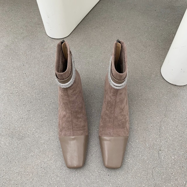 Damskie buty na cienkich wysokich obcasach połowy łydki zacieśnione w okolicy palców botines square toe patchwork - Wianko - 4