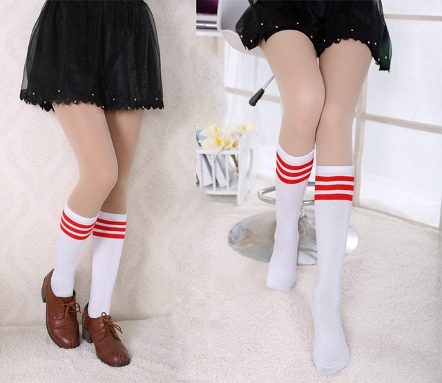 Dziewczęce kolorowe skarpety bawełniane - długie, kolano, klasyczne paski - Wianko - 9