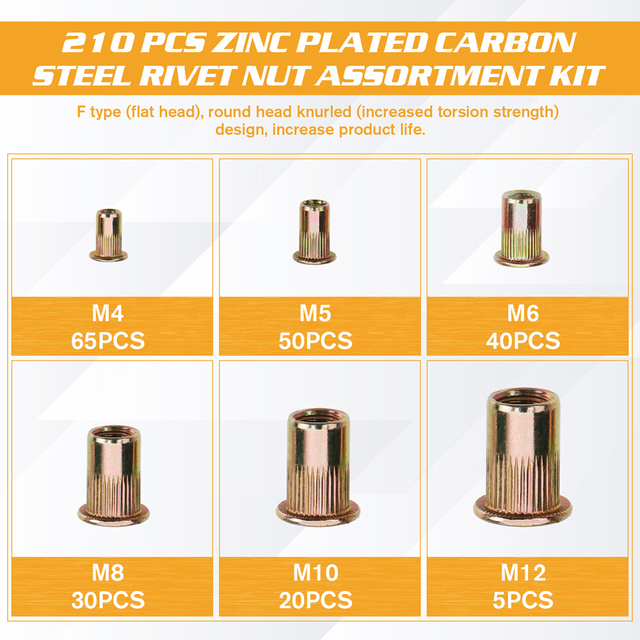 210 sztuk ocynkowanych Rivetnuts Blind Nutserts - Gwintowane wkładki nakrętkowe z płaską głowicą, wykonane ze stali węglowej - Wianko - 2