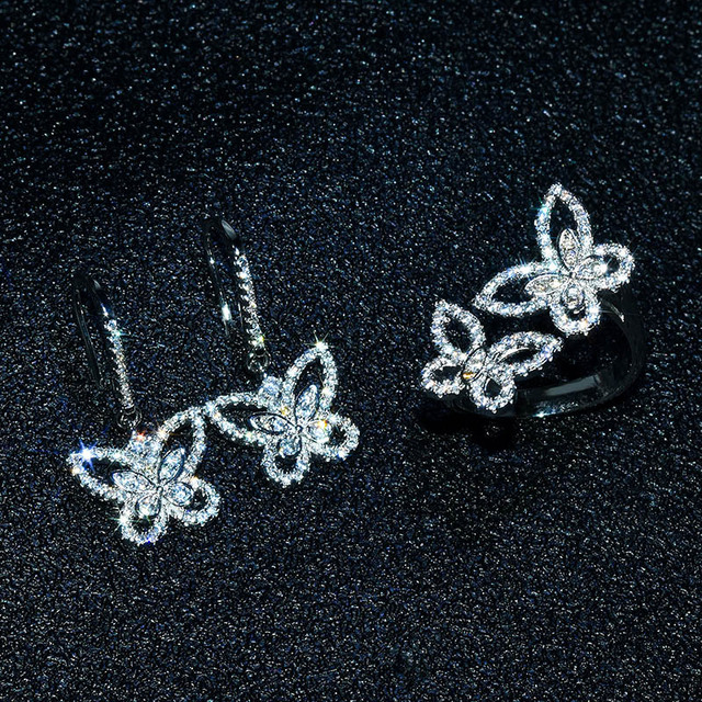 Komplet biżuterii ślubnej QTT Retro Butterfly Dangle - kolczyki, pierścionek, 925 srebro, biały cyrkon - Wianko - 1