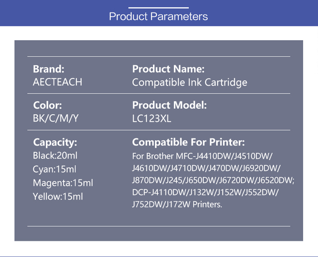 Tusze do drukarek kompatybilne Aecteach LC123 XL do drukarek Brother MFC J4410DW J4510DW J870DW DCP J4110DW J132W J152W J552DW - Wianko - 2