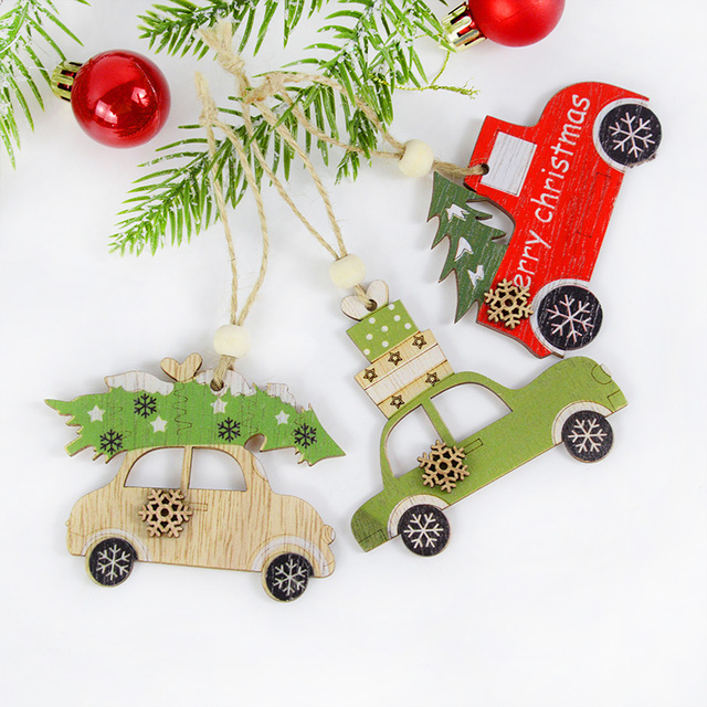 Drewniane malowane wisiorki świąteczne - kolorowy samochód choinka - wiszący ornament boże narodzenie - dekoracje dla dzieci - Wianko - 9