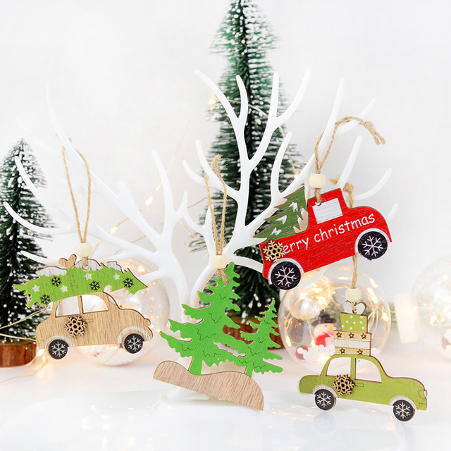 Drewniane malowane wisiorki świąteczne - kolorowy samochód choinka - wiszący ornament boże narodzenie - dekoracje dla dzieci - Wianko - 6