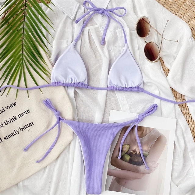 Fioletowy niebieski bikini bandażowy z trójkątnymi stałymi miseczkami i odsłoniętym plecem - damski dwuczęściowy strój kąpielowy Biquini - Wianko - 6