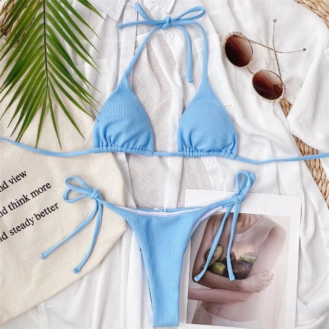 Fioletowy niebieski bikini bandażowy z trójkątnymi stałymi miseczkami i odsłoniętym plecem - damski dwuczęściowy strój kąpielowy Biquini - Wianko - 4