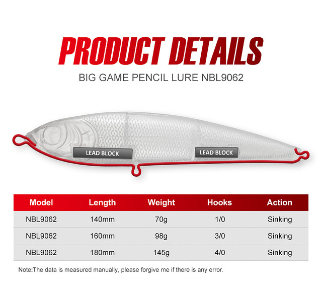 Noeby tonący ołówek przynęty, 14cm/70g, 16cm/98g, 18cm/145g - sztuczne woblery na słonowodne łowienie okonia - Wianko - 2