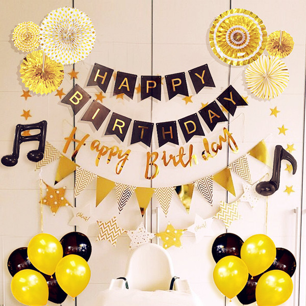 Zestaw dekoracji urodzinowych: 13 sztuk szczęśliwego papierowego banera w czarnym, białym i różowym kolorze dla chłopca i dziewczynki - Wianko - 6