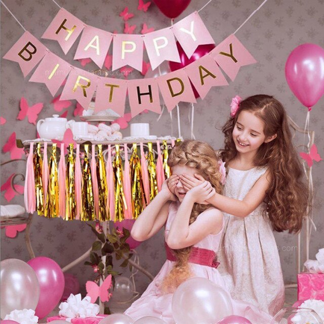 Zestaw dekoracji urodzinowych: 13 sztuk szczęśliwego papierowego banera w czarnym, białym i różowym kolorze dla chłopca i dziewczynki - Wianko - 1