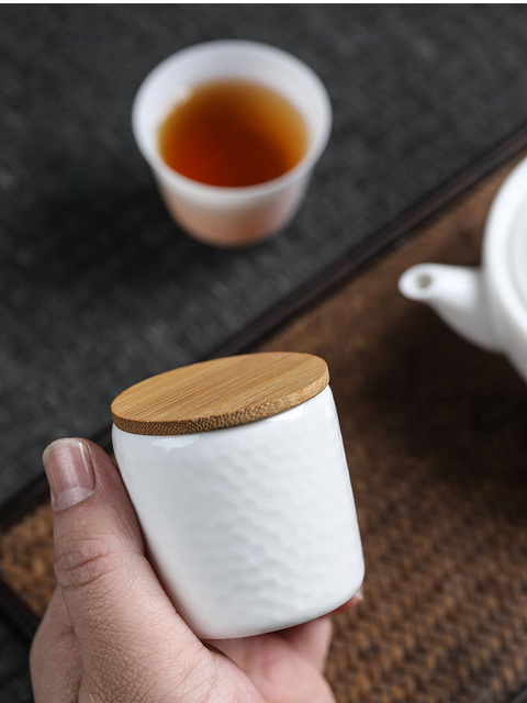Pojemnik na herbatę - mały biały porcelanowy caddy z bambusową okładką - Wianko - 6