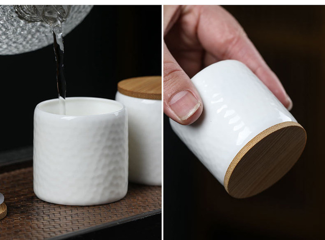 Pojemnik na herbatę - mały biały porcelanowy caddy z bambusową okładką - Wianko - 5
