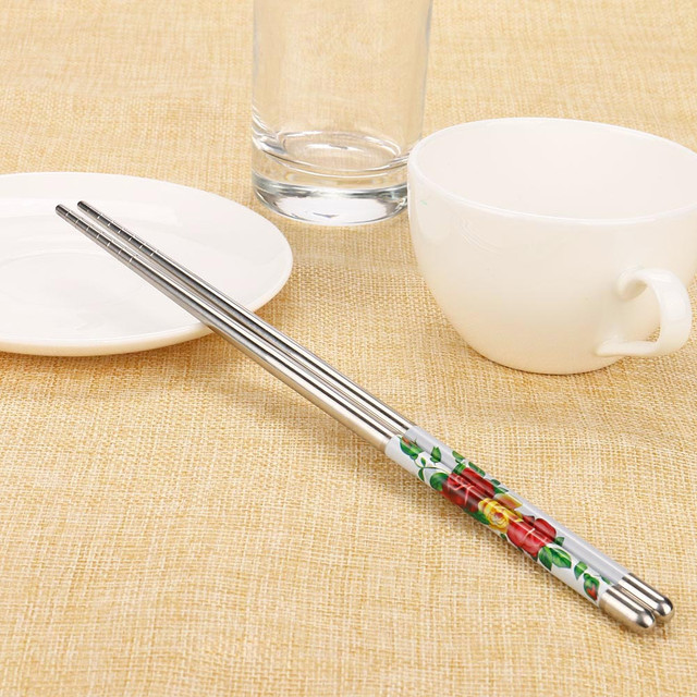 Pałeczki do jedzenia - Para kwiatowych pałeczek ze stali nierdzewnej, koreański styl, biały wzór - Wianko - 8