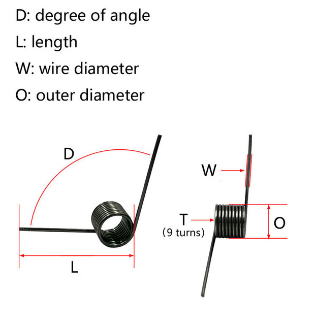 Sprężyna skrętna 9szt. W=0.4mm O=2mm L=32mm, T=3 obroty, D=120°, stal 65Mn - Wianko - 1