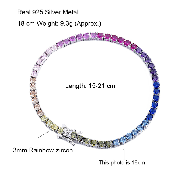 Bransoletka tenisowa z prawdziwego srebra 925, ozdobiona pięknymi cyrkoniami Pave, długości 14-21 cm, szerokość 3 mm, w kolorze Bling Rainbow - Wianko - 15