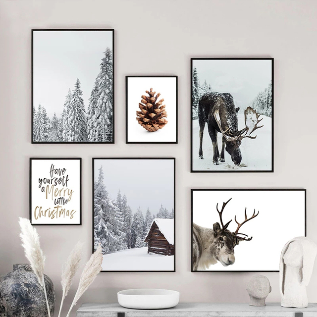 Skandynawski plakat zimowy las łoś sosna boże narodzenie stożek styl artystyczny - Wianko - 9