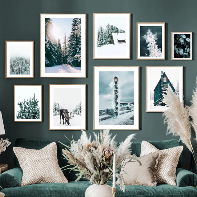 Skandynawski plakat zimowy las łoś sosna boże narodzenie stożek styl artystyczny - Wianko - 2