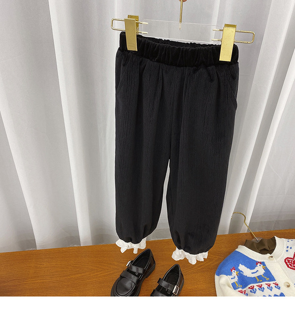 Dziewczęce spodnie zimowe MILA CHOU 2021, czarne, sztruksowe, luźne, z koronką, dzieci 2-8 lat - Wianko - 22