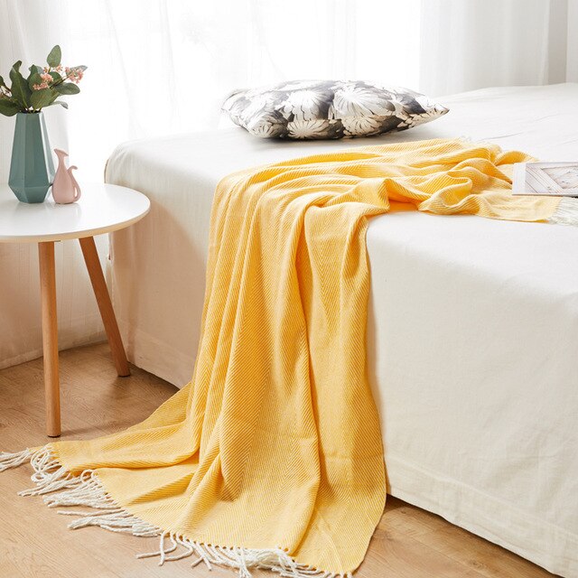 Miękki, ręcznie tkany koc jednokolorowy z falującym wzorem i pomponami - idealna narzuta na kanapę, łóżko czy do użycia podczas relaksu przed telewizorem - Wianko - 11