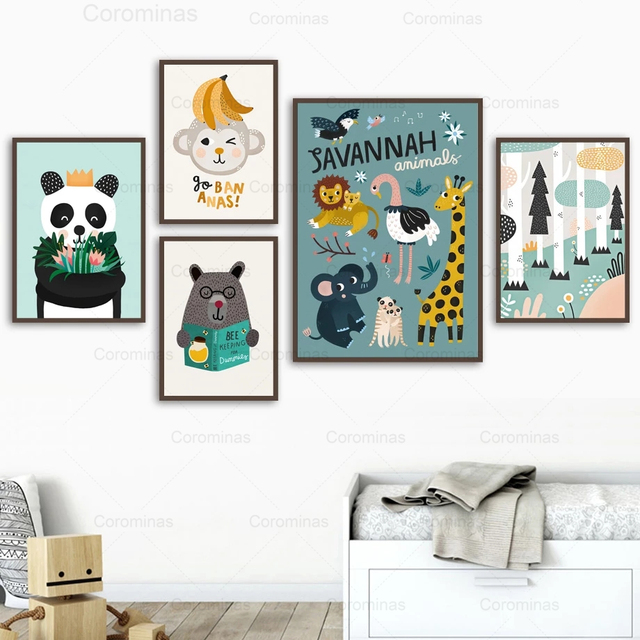 Obraz na płótnie Cartoon Zoo - Panda, niedźwiedź, małpa, książka - dekoracja pokoju dziecięcego - Wianko - 4