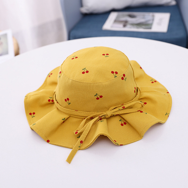 Słodkie, dziecięce kapelusze wiśniowe z nadrukiem, typu Bucket z kokardką, idealne na plażę - Wianko - 11