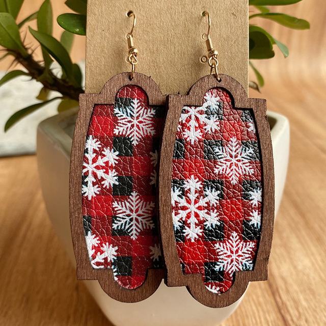 Duże, czerwono-w kratę kolczyki wiszące z PU skóry i drewna - modna biżuteria bożonarodzeniowa - Wianko - 48